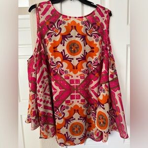 Chico's Pink and Orange Abstract Peephole Top